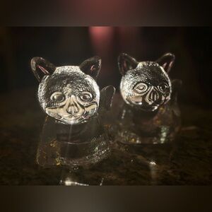 VINTAGE PartyLite Textured Glass Cat Candle Holder Pair Rare Clear Crystal-Look